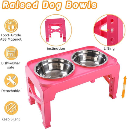 Hubulk Elevated Dog Bowls with 2 Stainless Steel Food & Water Raised Bowls with No Spill Edge Non-Slip Stand Adjusts to 5 Heights(3.2", 8.77", 9.9",11.1", 12.3")for Small Medium Large Dog and Pet Pink