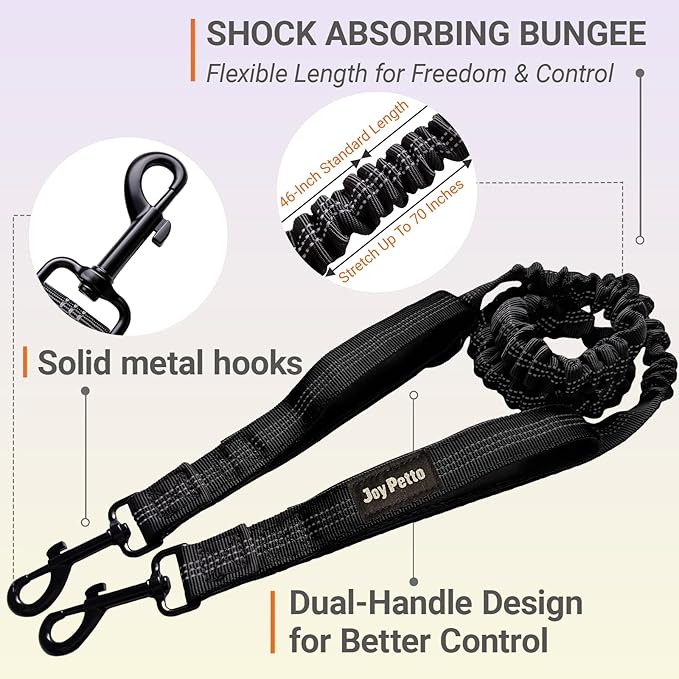 4-6 FT Hands-Free Dog Leash for Running & Walking - Adjustable Waist Belt (28-47"), Shock-Absorbing Bungee, 2 Reinforced Handles, Reflective & Anti-Pull for Small/Medium Dogs, Black