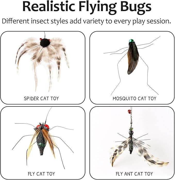 Interactive Cat Toy Bug Toys for Cats 4 Realistic Flying Bugs Cat Wand (4pcs Realistic Bug Refills + 1pc Cat Wand)