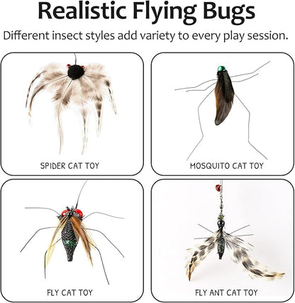 Interactive Cat Toy Bug Toys for Cats 4 Realistic Flying Bugs Cat Wand (4pcs Realistic Bug Refills + 1pc Cat Wand)