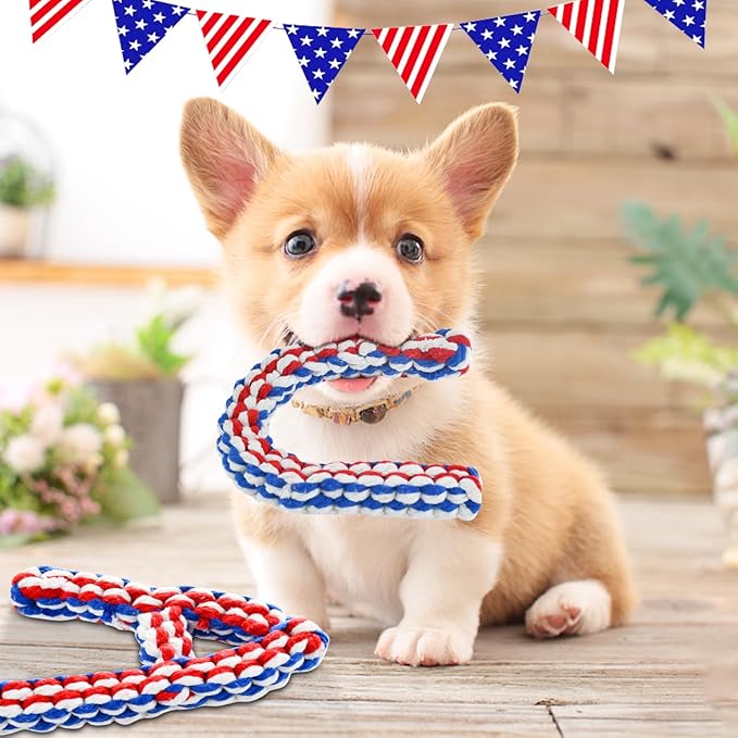 Vehomy 3-Pack Independence Day Dog Cotton Rope Toys - U S A Shape, American Flag Colors, Durable Cotton Rope, Chew & Dental Health, Medium Dogs