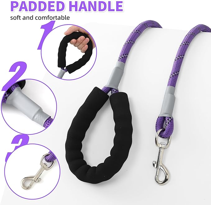 Mile High Life Reflective Dog Leash, with Comfortable Padded Handle, Purple Nylon Rope Leash with Steel Tips, Heavy Duty 4 Feet Pet Leashes (Purple,72 Inches)