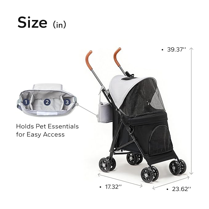 10lbs Ultra-Lightweight Pet Stroller - Compact Folding Umbrella Stroller with Durable Shoulder Strap, 3-Compartment Organizer & Cup Holder - Portable Dog Cat Travel Carriage, Dark Gray