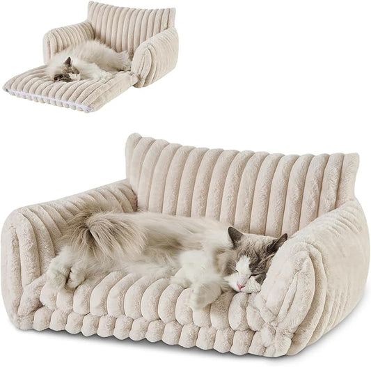 Hollypet Cat Bed Fluffy Plush Mutifuctional Double-Layer Soft Pet Couch Orthopedic Sofa Nest Beds for Small Cats and Dogs, Cream (25x20x13 inch)