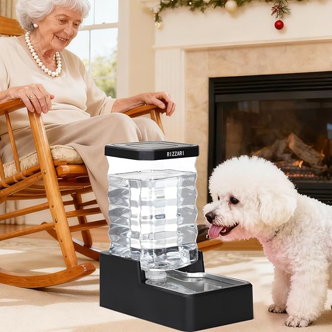 RIZZARI Stainless Steel Dog Dispenser: 8L Large Capacity Gravity Waterer - Clear Tank Water Level View -No Mess Keeps Floors Dry- No Power Needed - for Medium Dogs - Kitchen Corner/Crate Area