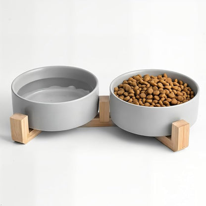 Kimdio Ceramic Dog Bowls with Wood Stand, 13.5OZ Pet Bowls Set of 2 for Medium Small Dogs and Cats - Non-Slip Base Cute Pet Food & Water Basic Bowls Glaze Matte-Grey