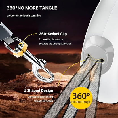 AutoBrake Retractable Dog Leash for Medium and Large Dogs, 360° Tangle-Free Dog Leash and 16Ft Strong Nylon Tape, Ergonomically Comfortable and Lightweight Grip Handle (White)