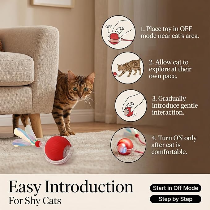 JBD Interactive Cat Toy Ball for Indoor Cats - Silent Automatic Rolling & Self Moving Electric Kitten Toys, USB Rechargeable Smart Ball with Tail, Motion Activated Hunting Exercise for Bored Cats Red