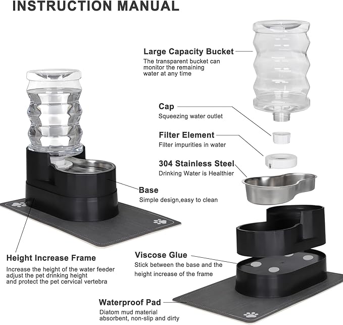 RIZZARI Automatic Dog Water Dispenser: 7L Black Stainless Steel Feeder - Remove Odor/Soften Water - Elevated Design Eases Joint Strain for Senior Dogs - Prevent Urinary Stone - for Livingroom Bedroom