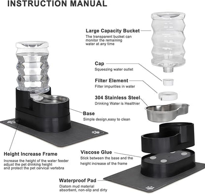 RIZZARI Automatic Dog Water Dispenser: 7L Black Stainless Steel Feeder - Remove Odor/Soften Water - Elevated Design Eases Joint Strain for Senior Dogs - Prevent Urinary Stone - for Livingroom Bedroom