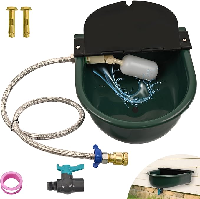Automatic Dog Water Dispenser with Drain Valve, 1 Gallon Outdoor Auto Water Dog Bowl with Float Valve, Automatic Chicken Waterer with Hose Quick Connector, for Horse, Poultry (Green)