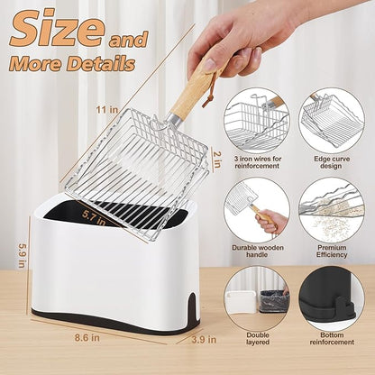 Metal Cat Litter Scoop with Holder, Poop Scooper with Stand&2 Rolls of Garbage Bag, Heavy Duty Stainless Steel Shovel with Wooden, Kitty Quick Sifter for Easy