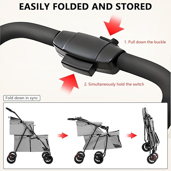 Double Pet Stroller for Medium Small Dogs and Cats with 2 Carriage, Durable Universal Wheels with Brakes Lightweight One Hand Foldale Kittens Puppies Travel Strolling Cart (Gray)