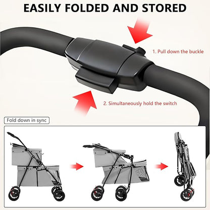 Double Pet Stroller for Medium Small Dogs and Cats with 2 Carriage, Durable Universal Wheels with Brakes Lightweight One Hand Foldale Kittens Puppies Travel Strolling Cart (Gray)