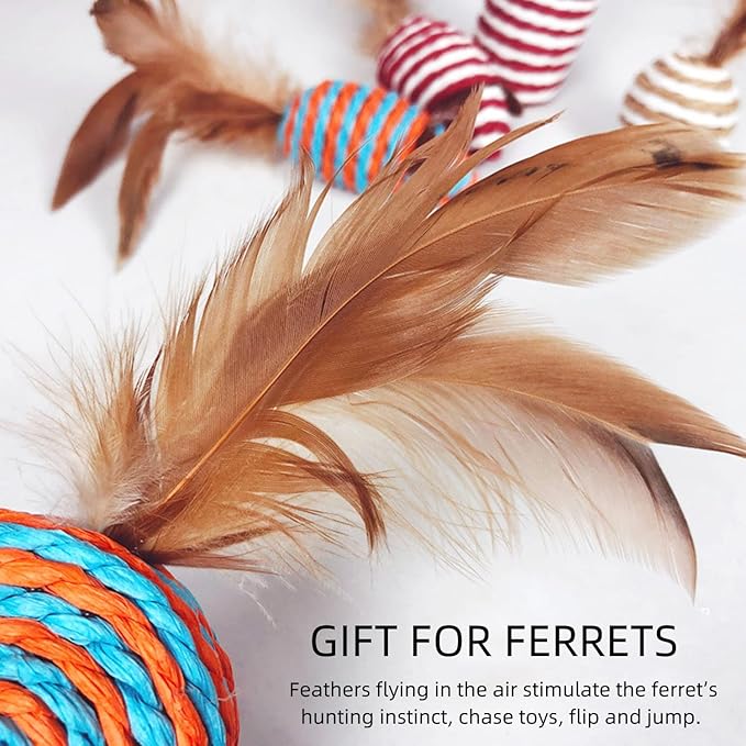 HAICHEN TEC 7 Pack Ferret Toys - Interactive Ferret Toys Assortments Feather Teaser Wand with Sisal Mice Balls and Bells Toys for Ferret Cat Kitten Puppy (7 Pack)