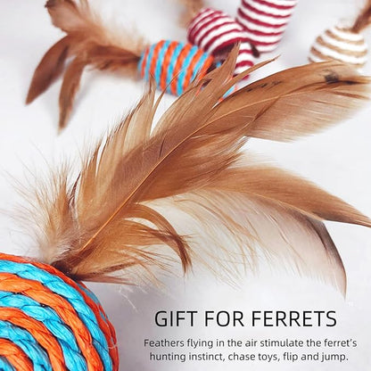 HAICHEN TEC 7 Pack Ferret Toys - Interactive Ferret Toys Assortments Feather Teaser Wand with Sisal Mice Balls and Bells Toys for Ferret Cat Kitten Puppy (7 Pack)
