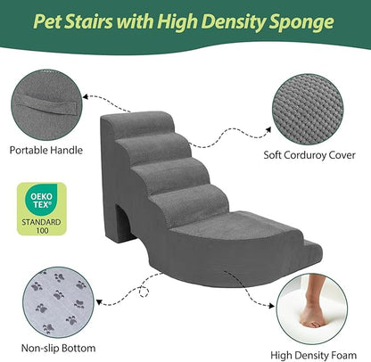 6 Tier Dog Stairs/Steps for High Bed, 27.5”H Non-Slip Pet Stairs Adjust to Left Side of Bed, Pet Steps for Small Dogs, Old Pets, and Injured Dogs, Gray