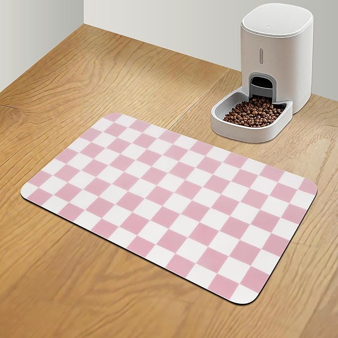 Checkered Dog Food Mat, Absorbent Leak-Proof Pet Feeding Mat, Quick Dry Cat Food Mat for Messy Drinkers 12" x 20" Pink