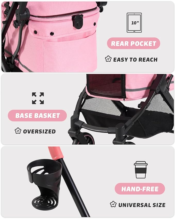 797Audio Dog Stroller for Small Medium Dogs, Pink Pet Stroller for Cats Puppy Up to 121lbs, Foldable,One Click Folding,4 Wheel Shock Absorption,Adjustable Canopy with Sun Shades,Removable Washable Pad