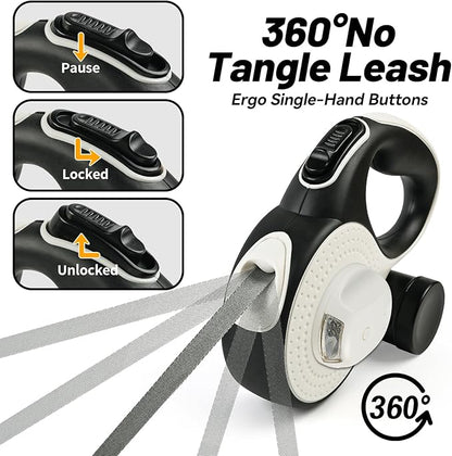 26ft Heavy Duty Retractable Dog Leash for Large Dogs, Dog Leash with Poop Bag Holder, Up to 100lbs, with LED Light, Chew Proof Cable, One-Handed Pause & Lock, 360° No Tangle. (White, 26Ft)