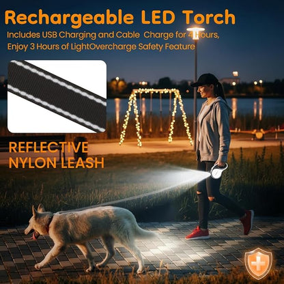 Retractable Dog Leash for Large Dogs with LED Light, 16.4ft Long Pet Leash up to 110lb Pull, 360° Tangle-Free One-Button Control for Small & Large Dogs & Cats, with Charging Cable, White