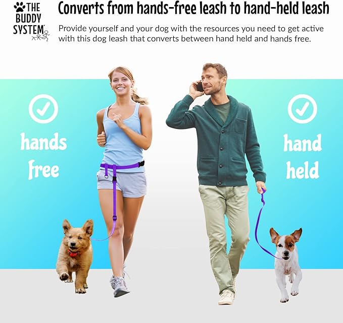 The Buddy System Hands Free Dog Leash, Adjustable Leash for Running, Jogging, Training and Service Dogs, Great for Small, Medium and Large Dogs, Made in USA (Purple, Small Dog System (Large Belt))