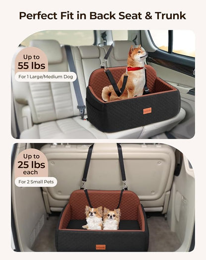 Dog Car Seat for Large Medium Dogs, Pet Car Seat Under 55 lbs or 2 Puppies, Removable Washable Pets Travel Booster Bed for Automotive Backseat with Comfy Thick Cushion, 2 Safety Leashes(Black/Brown)