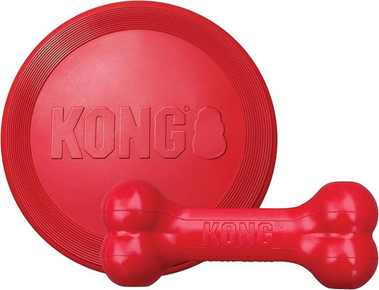 KONG Goodie Bone & Flyer - Dog Toys to Enrich Playtime - Dog Bone & Soft Throwing Disc Support Mental Engagement - Rubber Bone for Treats - Rubber Flying Disc with Dynamic Rebound - for Small Dogs
