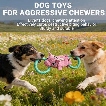 Tug of War Dog Toy - Rubber & Cotton Rope Toys for Dogs, Large Double Ring Dog Tug Toy, Interactive Dog Toys for Small Medium Large Dogs(Piglet)