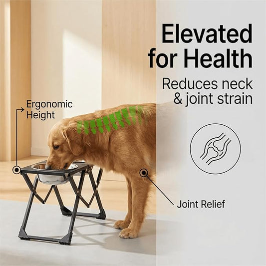 Foldable Elevated Dog Bowl Holder with 2 Large 58oz Stainless Steel Bowls, 10.2" Tall Raised Dog Bowl Stand for Medium/Large Breeds, Indoor and Outdoor Use