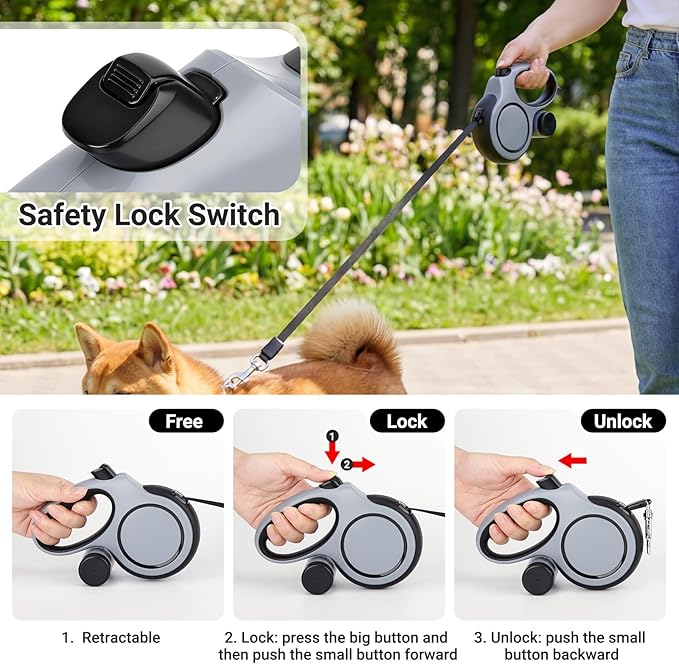 Segarty 16 Ft Retractable Leash with Waste Bag Dispenser, 5m Dog Leash with Anti-Slip Handle 360°Tangle-Free Retraction for Pet up to 66 Lbs, Durable Walking Accessory with One-Handed Brake Pause Lock