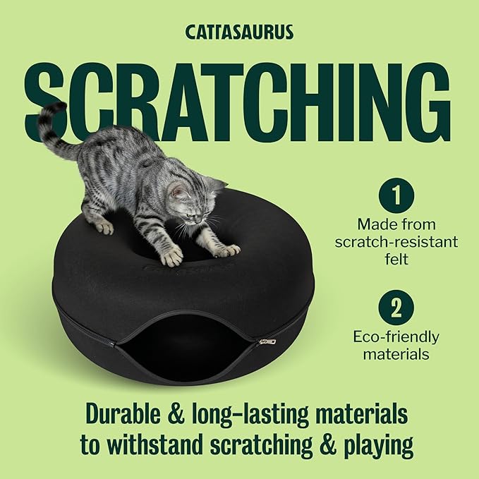 Cattasaurus Peekaboo Cat Cave Donut for Multiple & Large Cats up to 30-45 lbs, 3-in-1 Self Warming Cat Bed, Tunnel & Scratcher for Indoor Cats, Washable & Detachable Small Dog Bed (Black, Large)