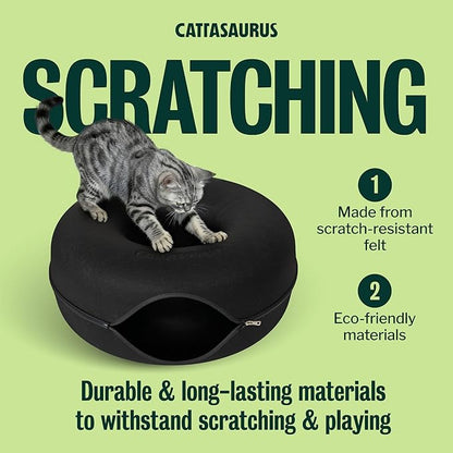 Cattasaurus Peekaboo Cat Cave Donut for Multiple & Large Cats up to 30-45 lbs, 3-in-1 Self Warming Cat Bed, Tunnel & Scratcher for Indoor Cats, Washable & Detachable Small Dog Bed (Black, Large)