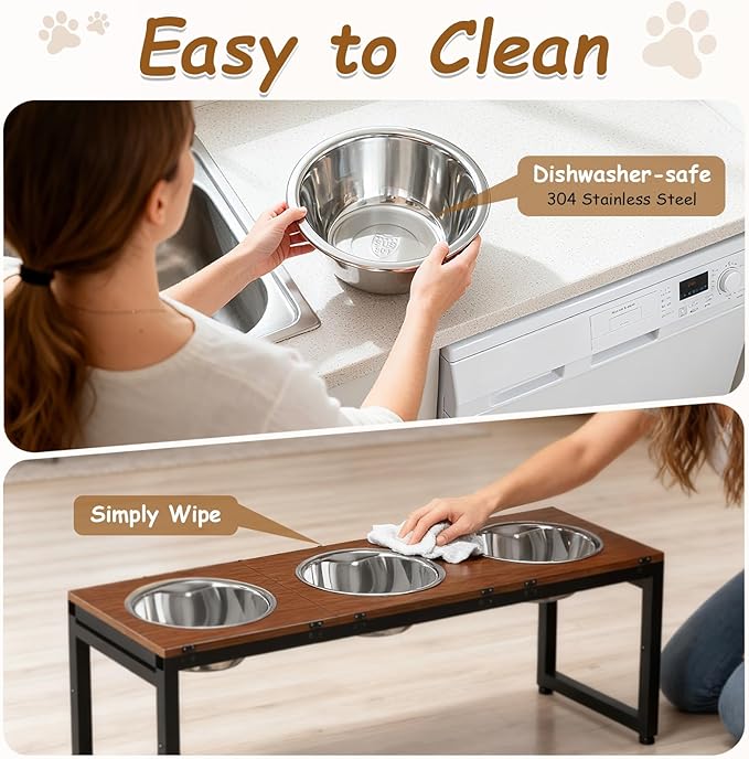 Elevated Dog Bowls Large Breed,Adjustable Raised Dog Bowl Stand,Stainless Steel 3 Bowl Dogs Feeding Station,12.5cup/101oz Each Food Water Bowl(Iron Holder,Wooden Platform,Grained Oak)