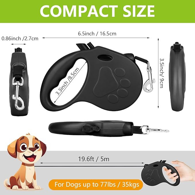 Retractable Dog Leash, 16ft Dog Walking Leash for Small Dogs up to 77lbs, Non-Slip Handle - Black