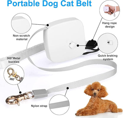 Retractable Dog Leash for Small Dogs Cats up to 11lbs with 6.5ft Anti-Pull Strong Nylon Tape, Hands Free, Mini and Portable Walking Leash with Wrist Strap, One-Hand Brake, White Square