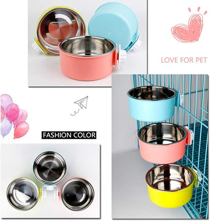 Crate Dog Bowl Removable Stainless Steel Water Food Feeder Bowls Cage Coop Cup for Cat Puppy Bird Pets (Large, Pink)