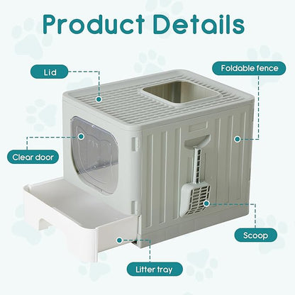 OLIXIS Cat Litter Box with Lid, Large Foldable Cat Box with Litter Scoop, Front Entry Top Exit Kitty Litter Box with Door, Easy Cleaning Drawer Design Odor Control, Grey