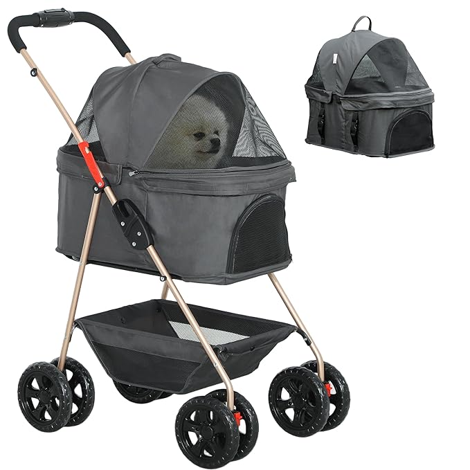 PawHut 3 in 1 Dog Stroller with Detachable Carrier, Lightweight Folding Pet Stroller with 4 Wheels, Storage Basket, Cupholder, Washable Pads for Puppy & Kittens, Gray