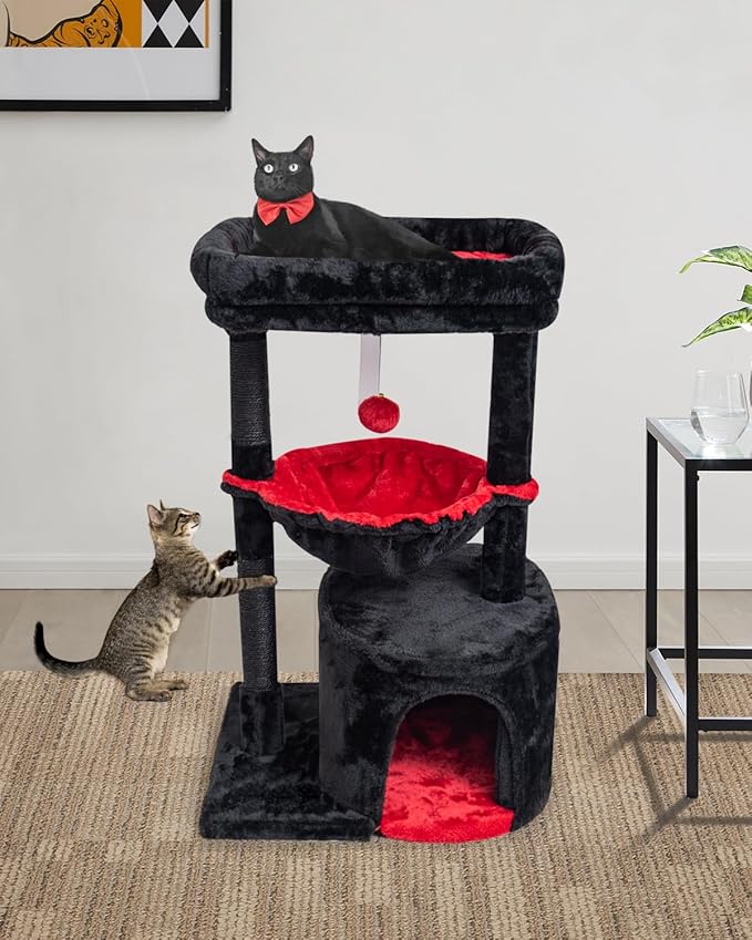 SYANDLVY Gothic Cat Tree with Coffin Bed for Indoor Cats, Small Cat Tower with Scratching Post, Modern Activity House Condo with Cradle, Kittens Cave, Black & Red