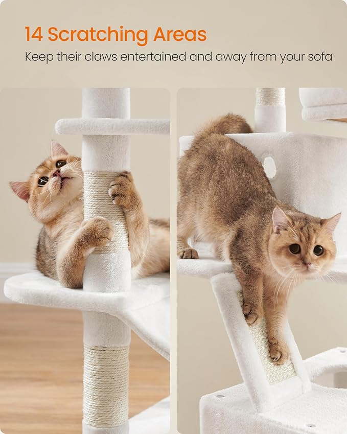 Feandrea Cat Tree, 66.1-Inch Large Cat Tower, Multi-Level Plush Condo with 13 Scratching Posts, 2 Perches, 2 Caves, Basket, Hammock, Pompoms, Cream White UPCT165T01