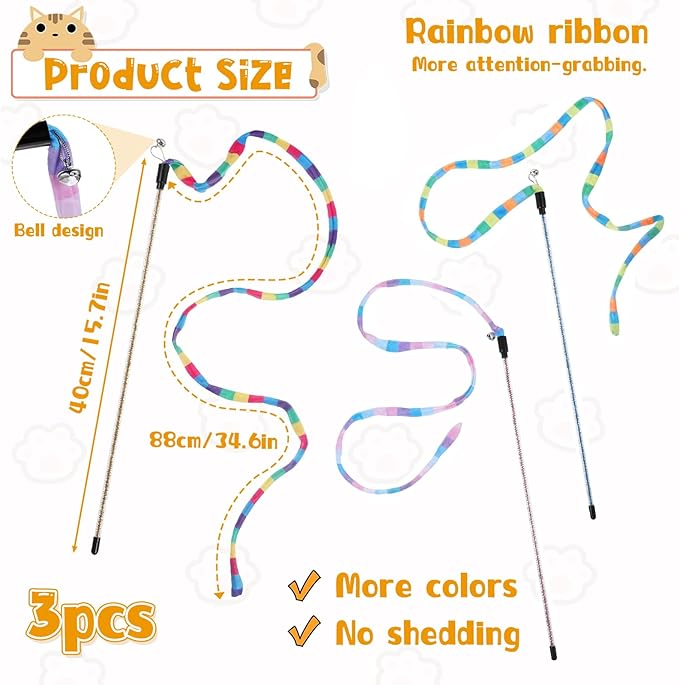3 PCS Interactive Cat Rainbow Wand Toys, Interactive Cat Teaser Wand Toys for Indoor Cats and Kitten Extended Colorful Cats String Toy with Bells Teaser Wands String for Kitten Kitty Exercise Keep Fit