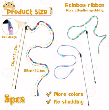 3 PCS Interactive Cat Rainbow Wand Toys, Interactive Cat Teaser Wand Toys for Indoor Cats and Kitten Extended Colorful Cats String Toy with Bells Teaser Wands String for Kitten Kitty Exercise Keep Fit