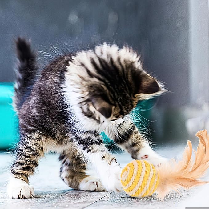3pcs Cat Toys Balls, Interactive Feather Sisal Ball for Indoor Cats, Rolling Toys Design for Exercise and Fun, 1.96 Inch Size - Random Color