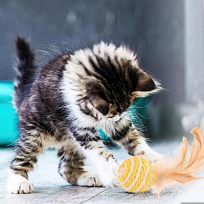 3pcs Cat Toys Balls, Interactive Feather Sisal Ball for Indoor Cats, Rolling Toys Design for Exercise and Fun, 1.96 Inch Size - Random Color