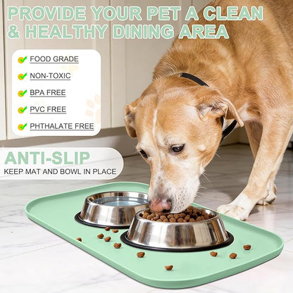 Silicone Pet Food Mat with Raised Edge for Food and Water Bowl, Dog Feeding Mats, Cat Food Trays for Floor Waterproof, Rubber Tray for Dogs and Cats, 24 x 16 x 0.8 Mint Green