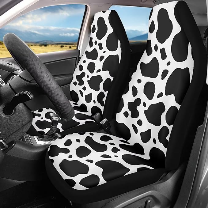 Cow Print Car Seat Covers Waterproof Car Seat Covers Full Set of 2 Easy Installation Breathable Front Seat Cover Cars Accessories Suitable for Cars, SUV and Trucks