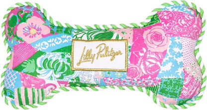 Lilly Pulitzer Dog Chew Toy, Bone Shaped Soft Plush with Fiber Fill, Double-Stitched Durability, Two-Way Squeaker, Embroidered Logo (Crazy Quilt Home)
