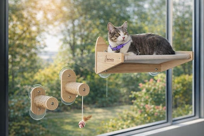 Cat Window Perch & Wall Hammock – 2-in-1 Solid Wood Window Seat with Strong Suction Cups & Wall Mount Option – Indoor Shelf with Climbing Steps + Hanging Toy