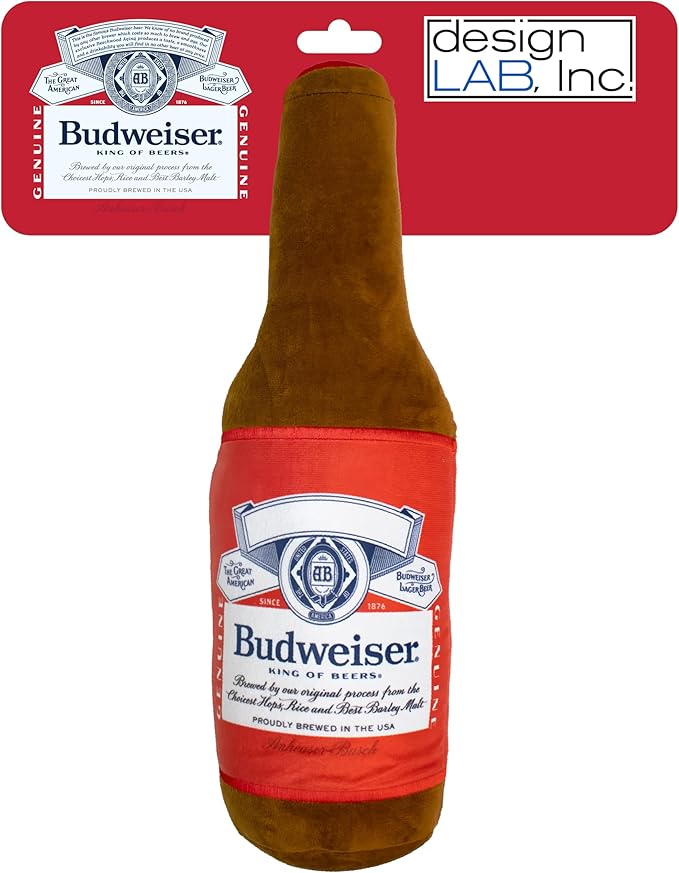 design LAB, Inc. Budweiser Beer Dog Toy | Official Merchandise Beer Bottle Squeaky Plush Toy for Dogs | 17 inch XL Extra Large Novelty Dog Toys for Fun and Fetch